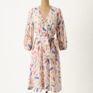 Anthropologie Multicolor Feather Print 100% Silk Nathalie Lété Paris Galah Dress